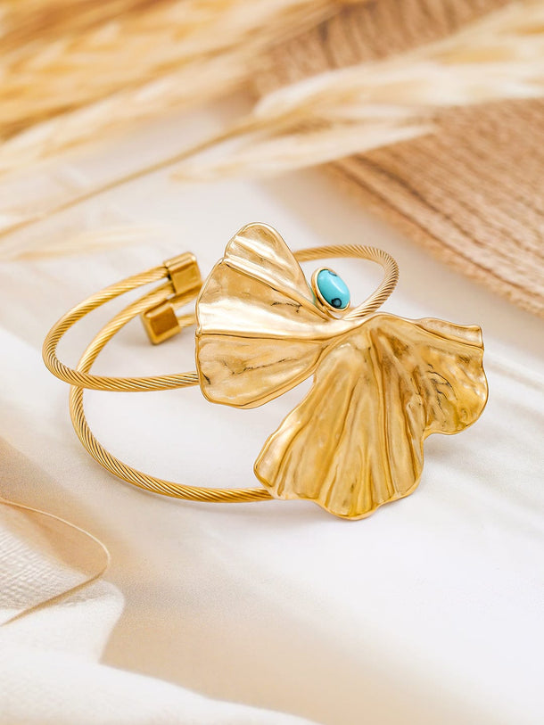 Rubans 22K Gold-Plated Free Size Leaf Design Cuff Bracelet with Turquoise Blue Stone Accent Wristwear