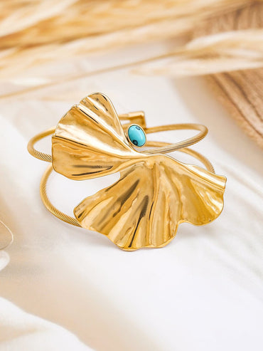 Rubans 22K Gold-Plated Free Size Leaf Design Cuff Bracelet with Turquoise Blue Stone Accent Wristwear