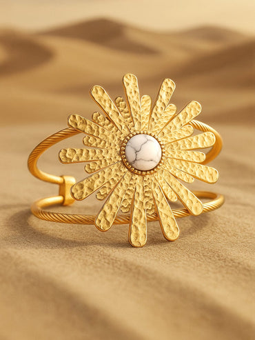 Rubans 22K Gold-Plated Free Size Sunburst Cuff Bracelet with White Marble Accent Bracelet
