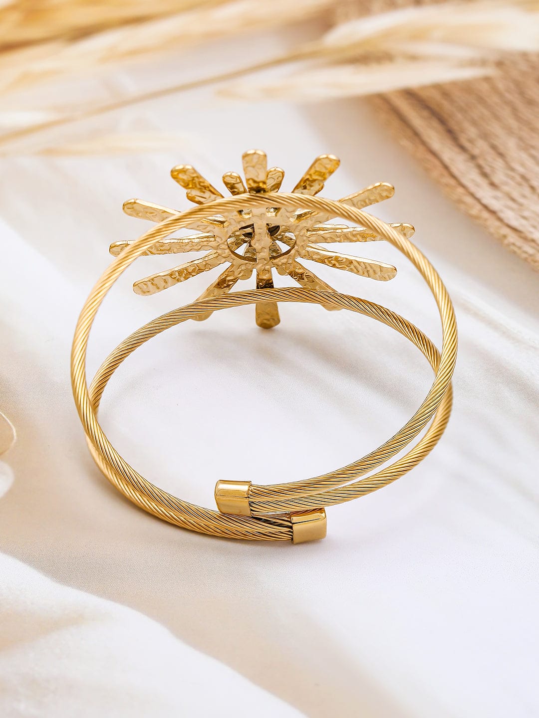 Rubans 22K Gold-Plated Free Size Sunburst Cuff Bracelet with White Marble Accent Wristwear