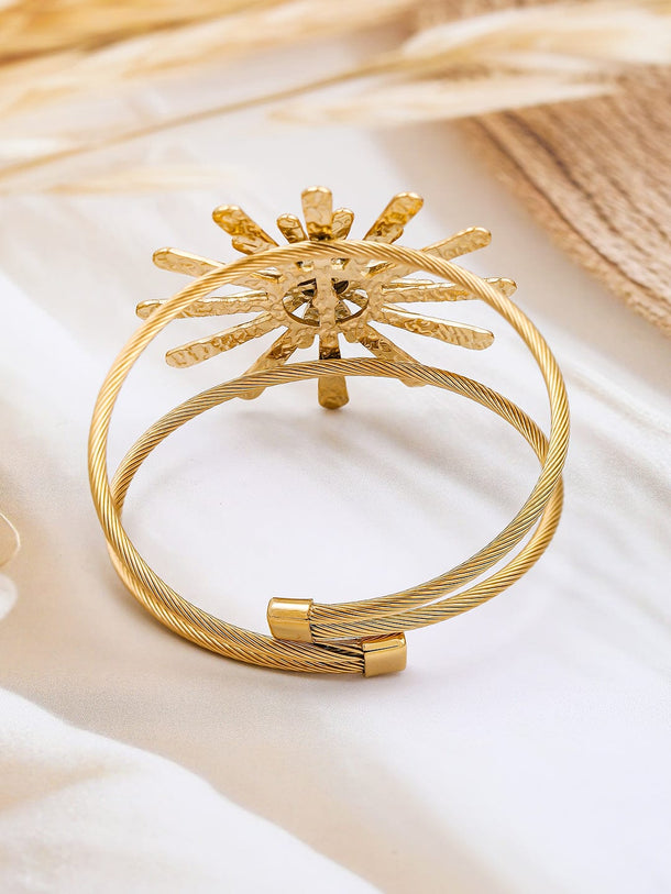 Rubans 22K Gold-Plated Free Size Sunburst Cuff Bracelet with White Marble Accent Wristwear