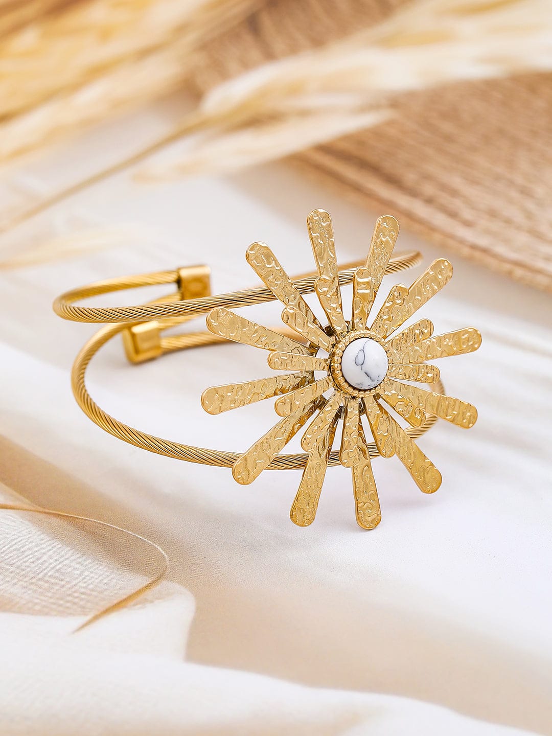 Rubans 22K Gold-Plated Free Size Sunburst Cuff Bracelet with White Marble Accent Wristwear