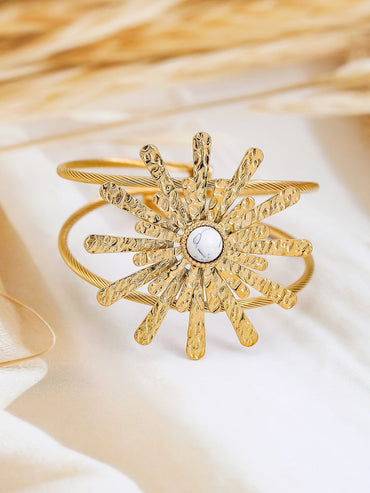 Rubans 22K Gold-Plated Free Size Sunburst Cuff Bracelet with White Marble Accent Wristwear