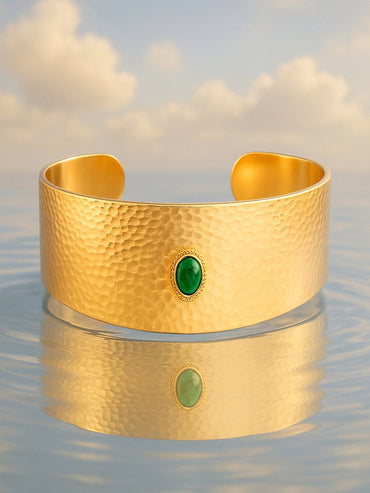 Rubans 22K Gold-Plated Free Size Textured Cuff Bracelet with Emerald Green Accent Bracelet