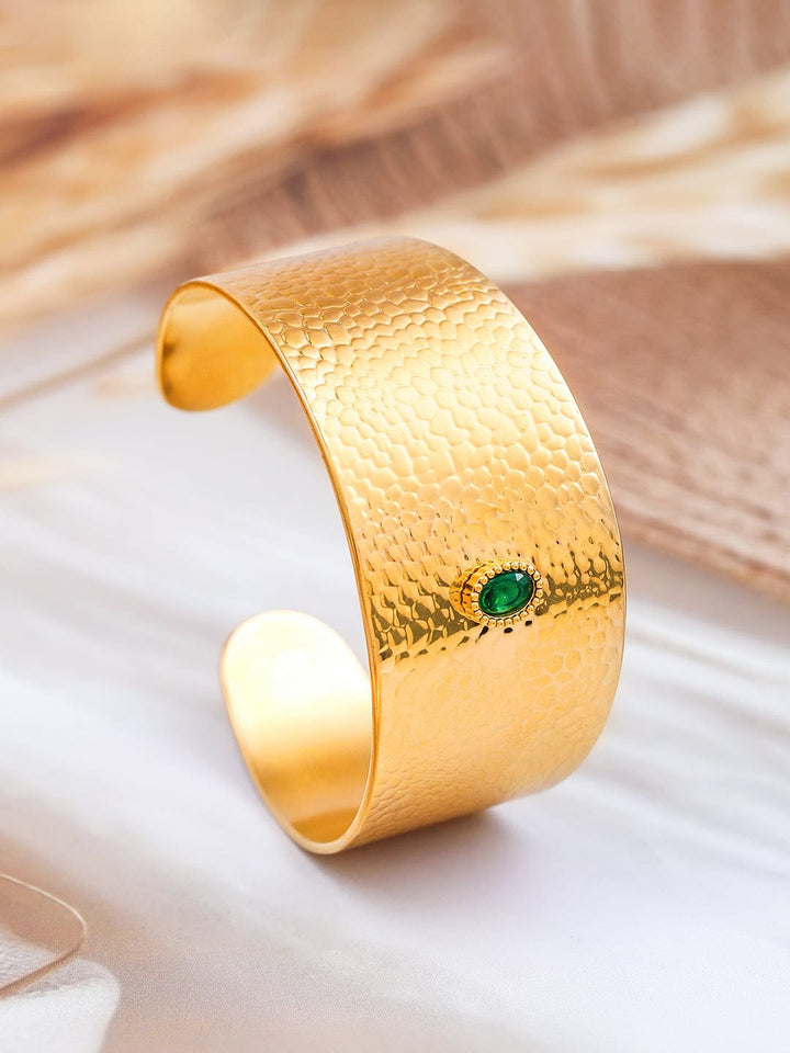 Rubans 22K Gold-Plated Free Size Textured Cuff Bracelet with Emerald Green Accent Wristwear