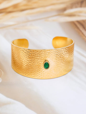 Rubans 22K Gold-Plated Free Size Textured Cuff Bracelet with Emerald Green Accent Wristwear