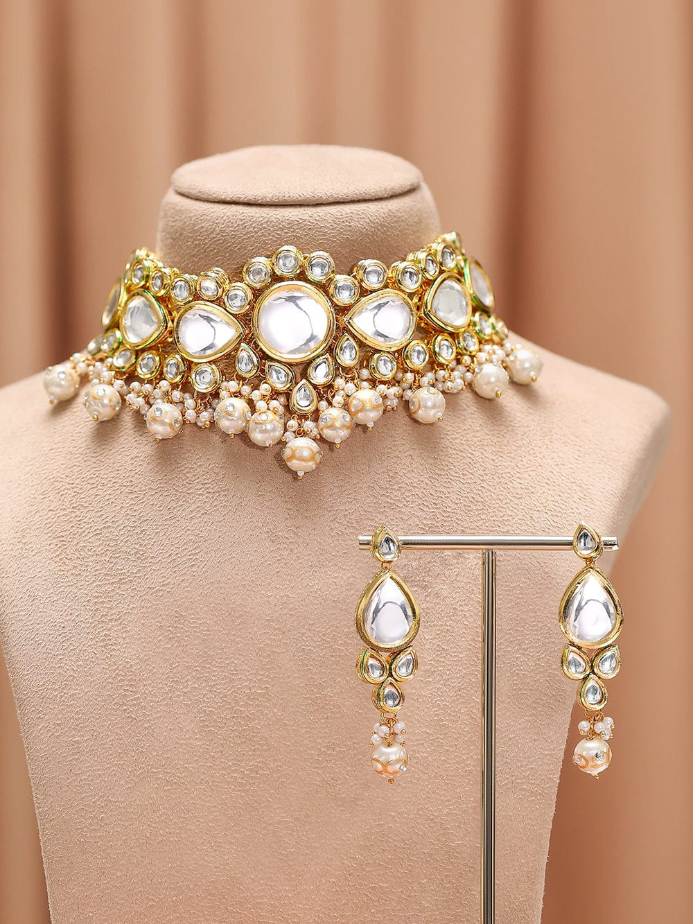 Rubans 22K Gold-Plated Glossy Pearl Beaded Kundan Handcrafted Choker Necklace Set Choker, Choker set & Kundan Choker set