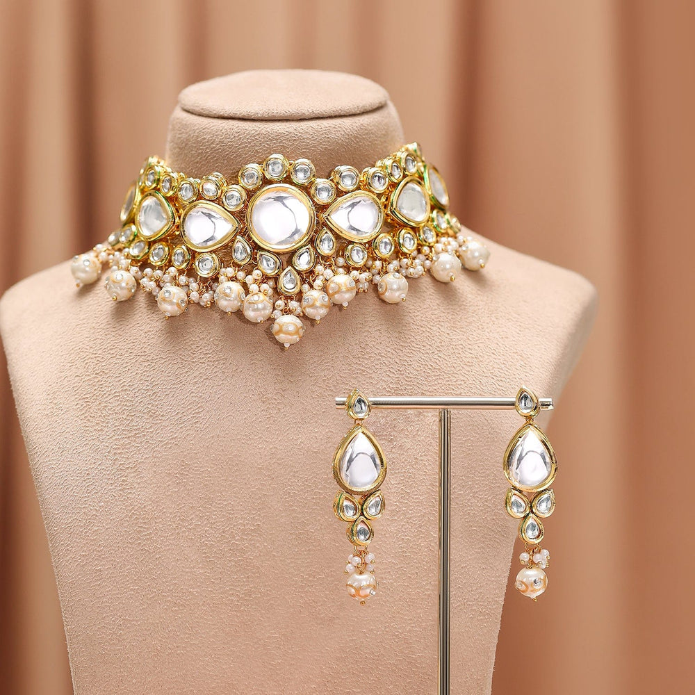 Rubans 22K Gold-Plated Glossy Pearl Beaded Kundan Handcrafted Choker Necklace Set Choker, Choker set & Kundan Choker set