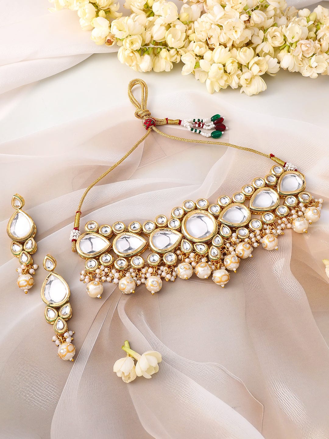 Rubans 22K Gold-Plated Glossy Pearl Beaded Kundan Handcrafted Choker Necklace Set Jewellery Set