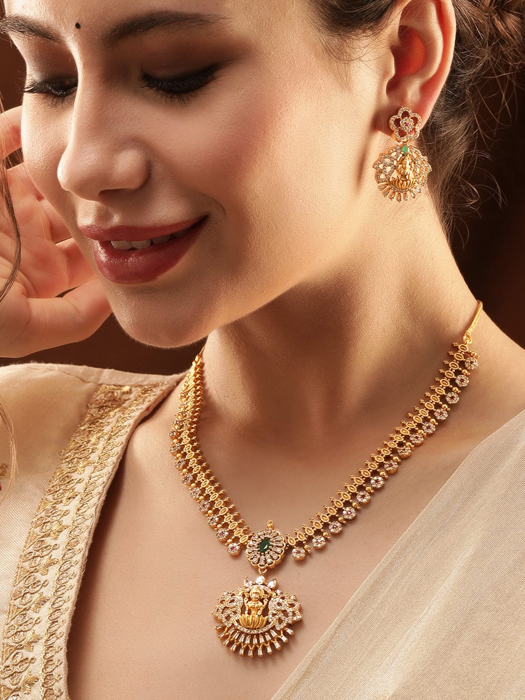 Rubans 22K Gold-Plated Goddess Motif Kemp & Zirconia Crystal Studded Pearl Beaded Handcrafted Necklace Set Jewellery Sets