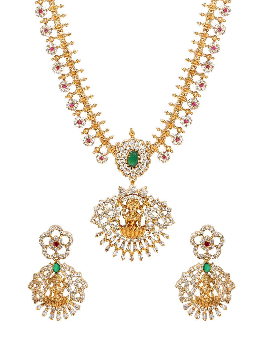 Rubans 22K Gold-Plated Goddess Motif Kemp & Zirconia Crystal Studded Pearl Beaded Handcrafted Necklace Set Jewellery Sets