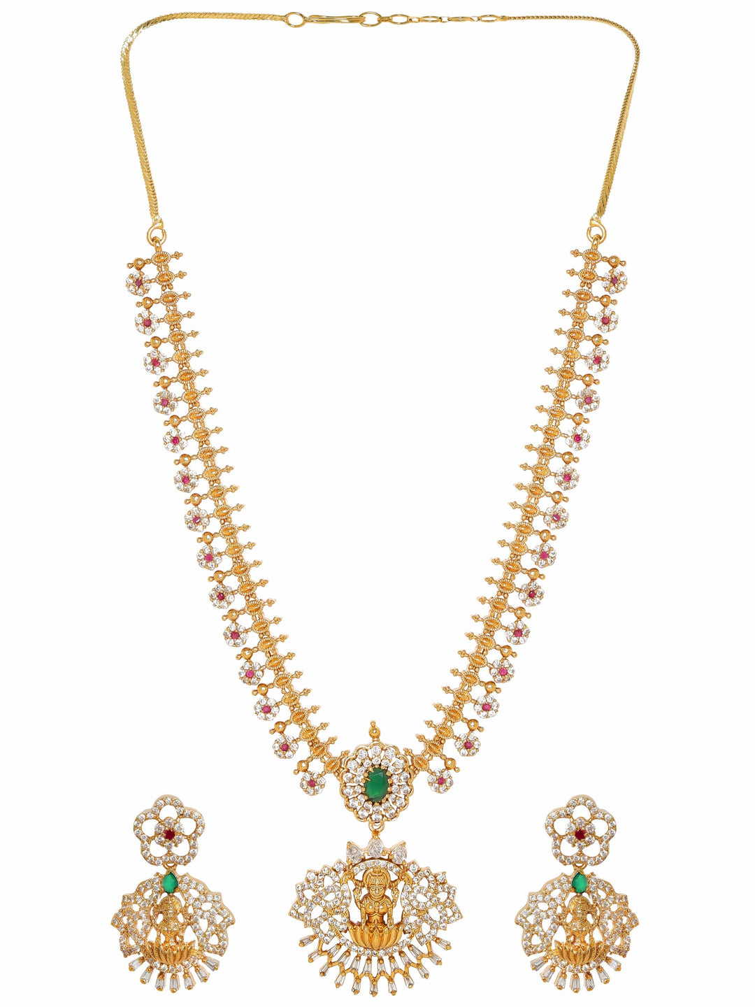 Rubans 22K Gold-Plated Goddess Motif Kemp & Zirconia Crystal Studded Pearl Beaded Handcrafted Necklace Set Jewellery Sets