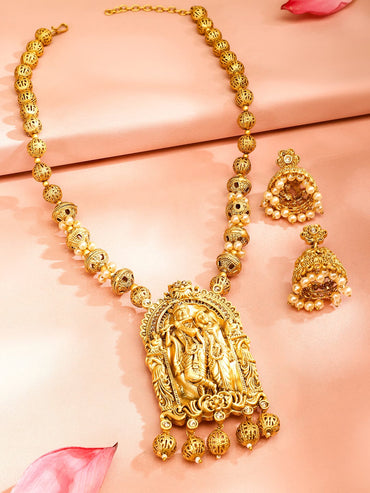 Rubans 22K Gold-Plated Golden Beads & Pearl Drops Radha Krishna Temple Jewellery Set Necklaces, Necklace Sets, Chains & Mangalsutra