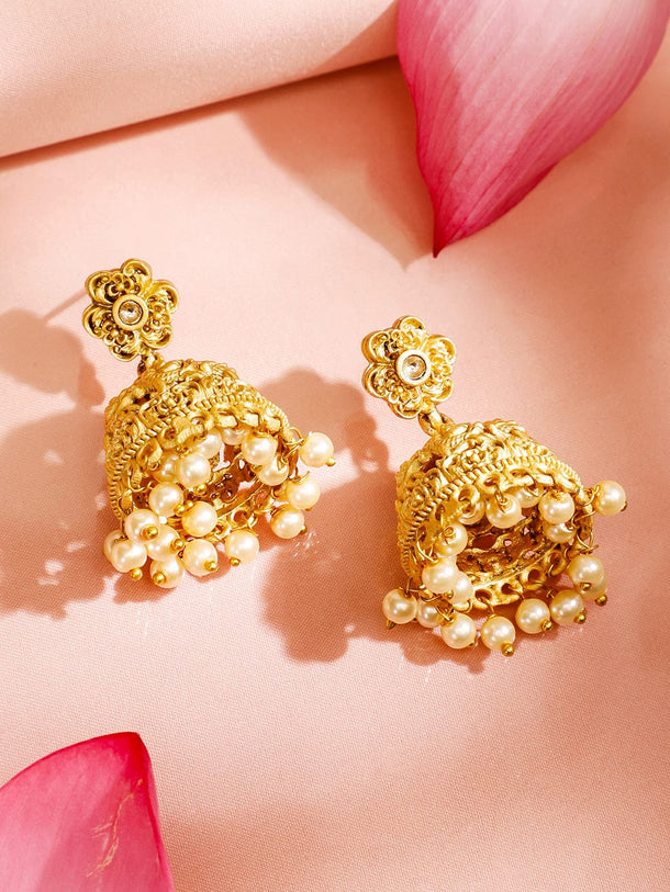 Rubans 22K Gold-Plated Golden Beads & Pearl Drops Radha Krishna Temple Jewellery Set Necklaces, Necklace Sets, Chains & Mangalsutra