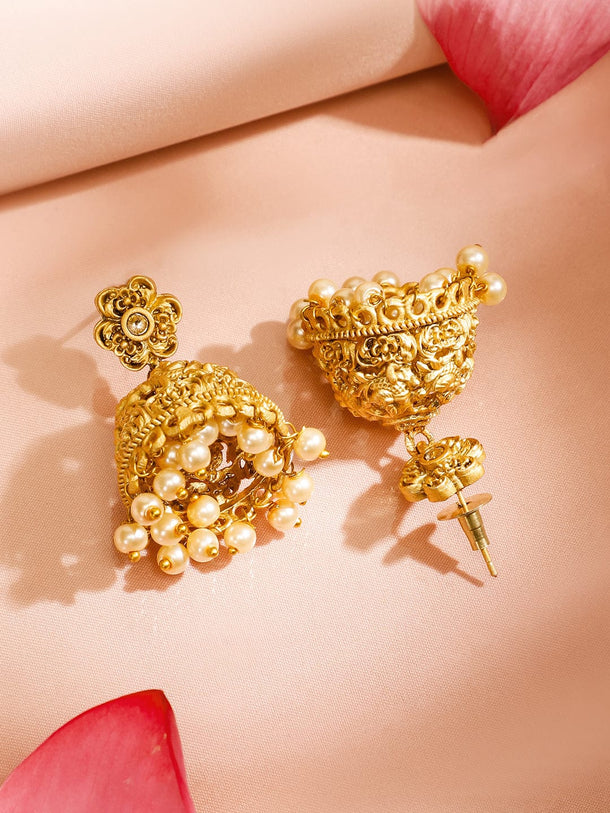 Rubans 22K Gold-Plated Golden Beads & Pearl Drops Radha Krishna Temple Jewellery Set Necklaces, Necklace Sets, Chains & Mangalsutra