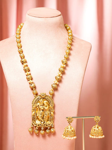 Rubans 22K Gold-Plated Golden Beads & Pearl Drops Radha Krishna Temple Jewellery Set Necklaces, Necklace Sets, Chains & Mangalsutra