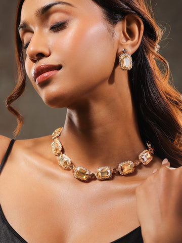 Rubans 22K Gold Plated Golden Crystal & Cubic Zirconia Studded Bold Statement Jewelry Set Necklace Set