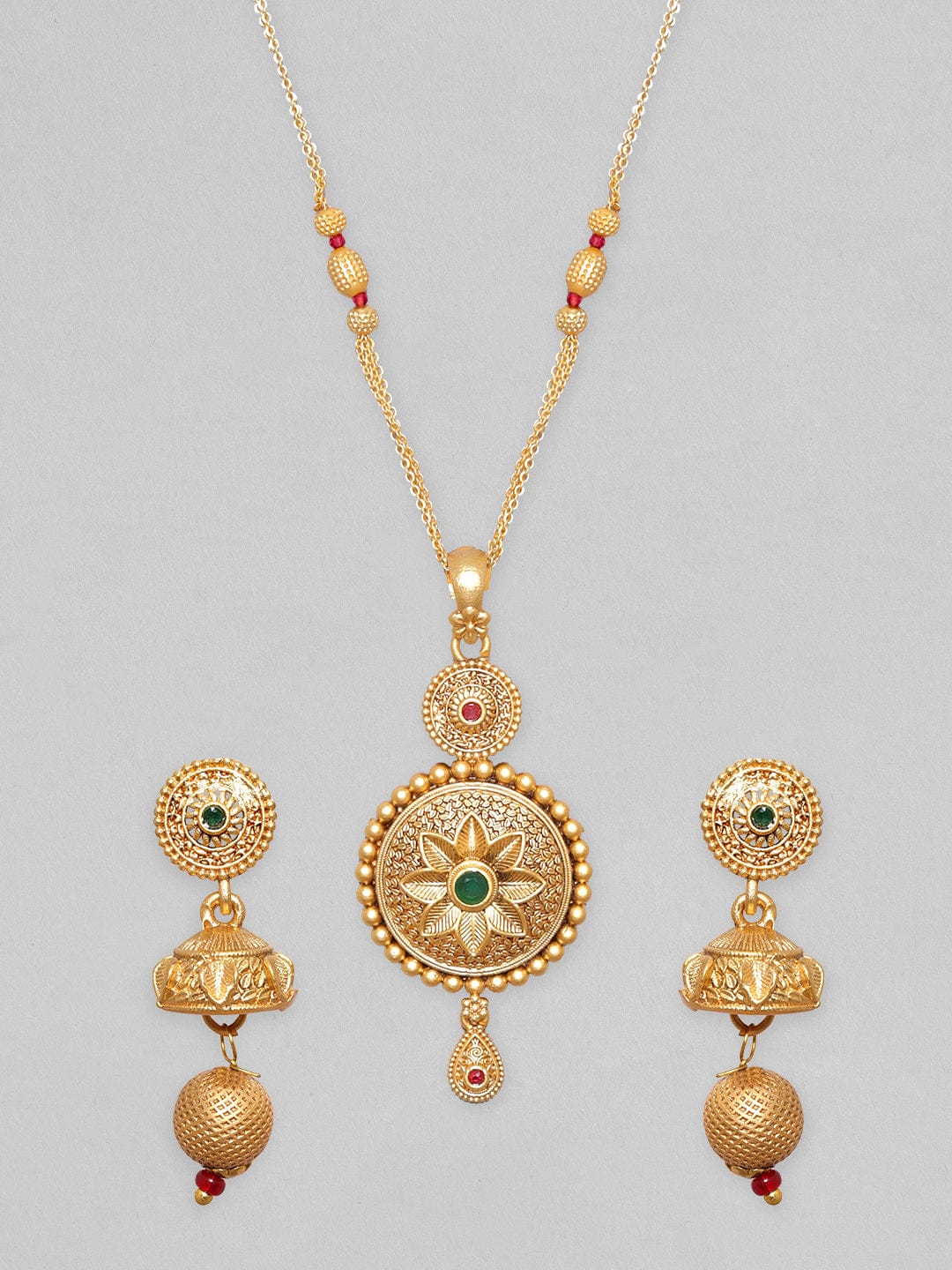 Rubans 22K Gold Plated Green Beaded Minimal Necklace Set Necklace Set