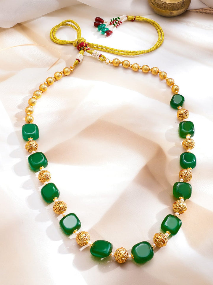 Rubans 22K Gold-Plated Green Beaded Necklace with Golden Filigree Bead Detailing Necklace & Chains