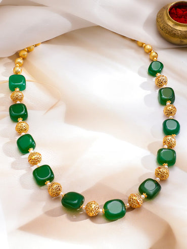 Rubans 22K Gold-Plated Green Beaded Necklace with Golden Filigree Bead Detailing Necklace & Chains