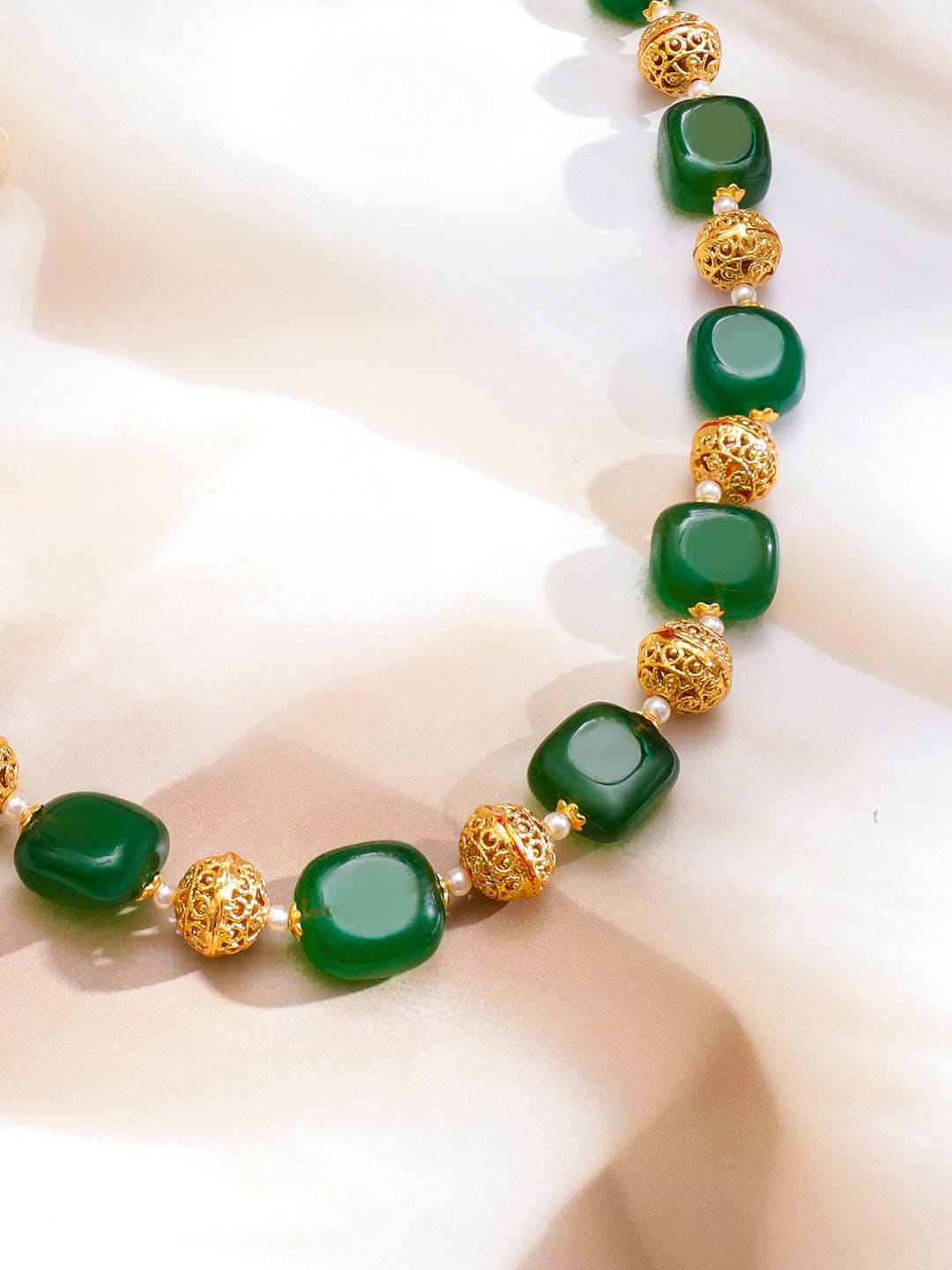 Rubans 22K Gold-Plated Green Beaded Necklace with Golden Filigree Bead Detailing Necklace & Chains