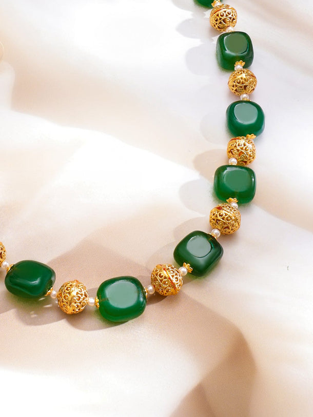 Rubans 22K Gold-Plated Green Beaded Necklace with Golden Filigree Bead Detailing Necklace & Chains