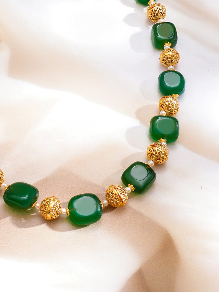 Rubans 22K Gold-Plated Green Beaded Necklace with Golden Filigree Bead Detailing Necklace & Chains