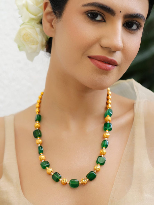 Rubans 22K Gold-Plated Green Beaded Necklace with Golden Filigree Bead Detailing Necklaces, Necklace Sets, Chains & Mangalsutra