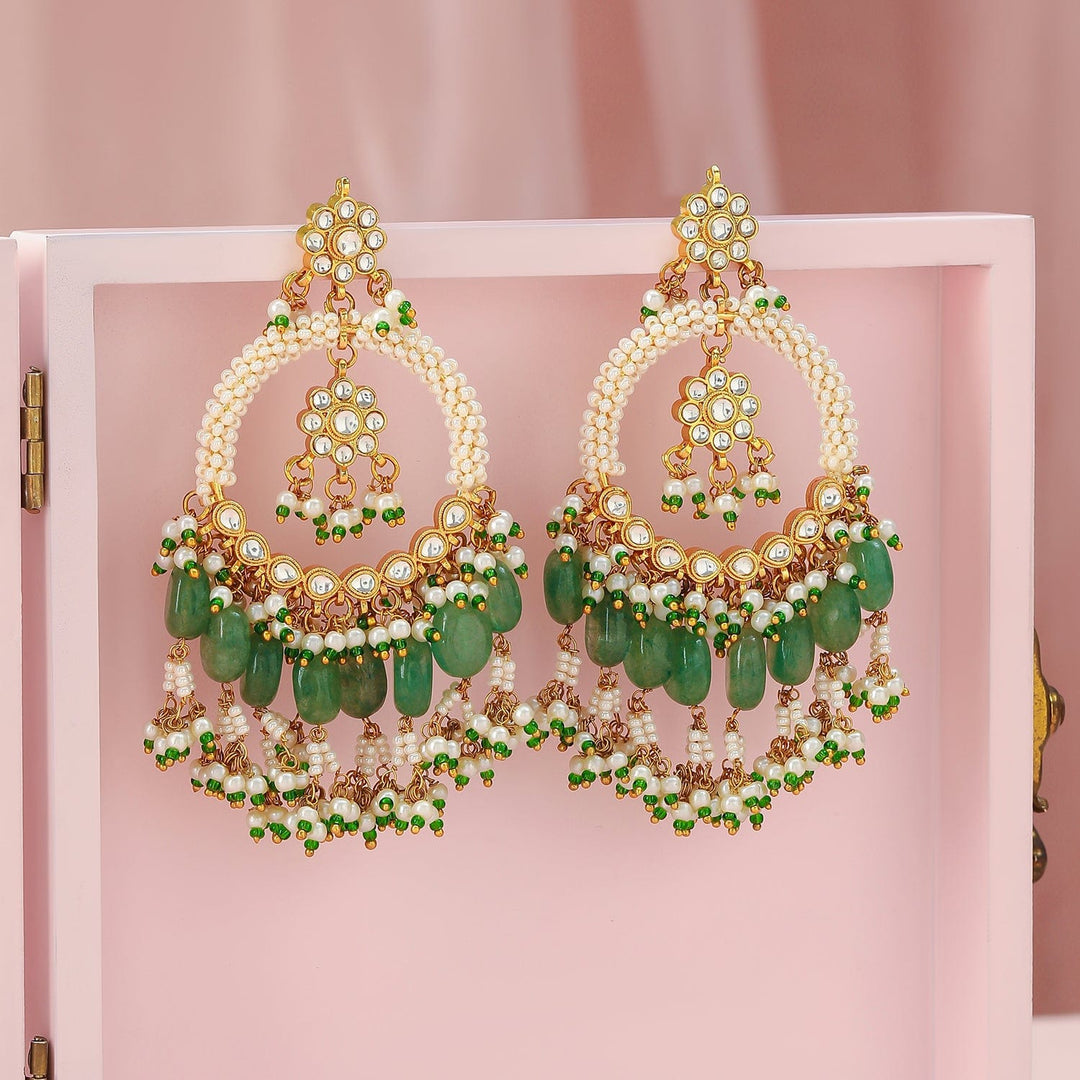 Rubans 22K Gold-Plated Green Beaded Traditional Chandbali Earrings with Pearl Details Chandbali Earrings