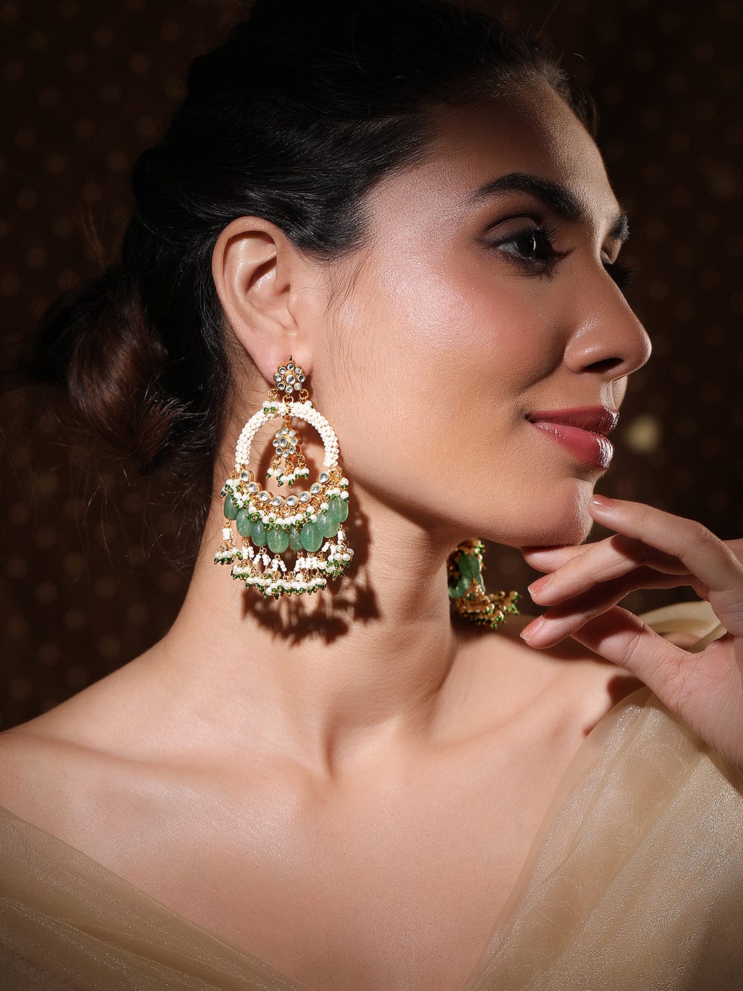 Rubans 22K Gold-Plated Green Beaded Traditional Chandbali Earrings with Pearl Details Chandbali Earrings