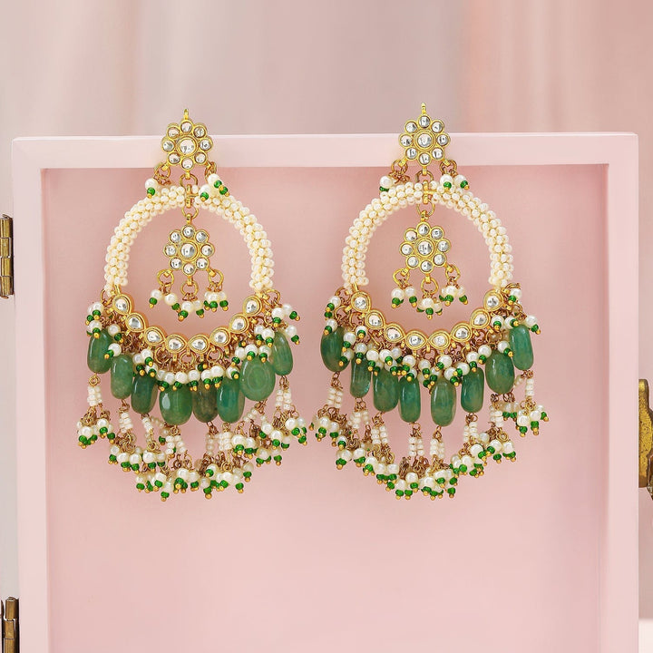 Rubans 22K Gold-Plated Green Beaded Traditional Chandbali Earrings with Pearl Details Chandbali Earrings