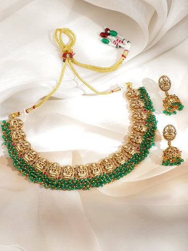 Rubans 22K Gold-Plated Green Beads & Red Stone Details Lakshmi Motif Temple Necklace Set Jewellery Set