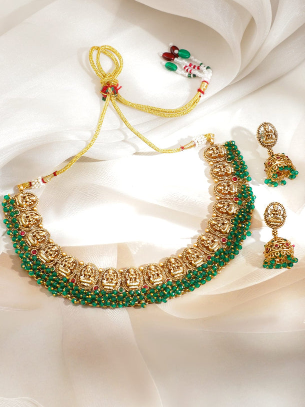 Rubans 22K Gold-Plated Green Beads & Red Stone Details Lakshmi Motif Temple Necklace Set Jewellery Set
