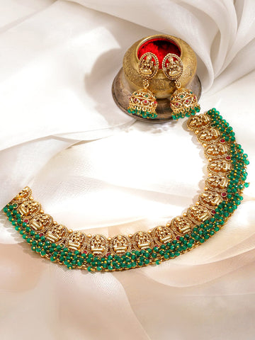 Rubans 22K Gold-Plated Green Beads & Red Stone Details Lakshmi Motif Temple Necklace Set Jewellery Set