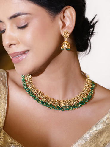 Rubans 22K Gold-Plated Green Beads & Red Stone Details Lakshmi Motif Temple Necklace Set Jewellery Set