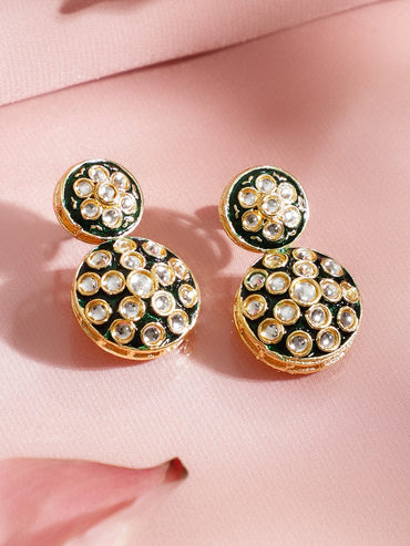 Rubans 22K Gold-Plated Green Enamel and White Kundan Studded Circular Motif Necklace Set Jewellery Set