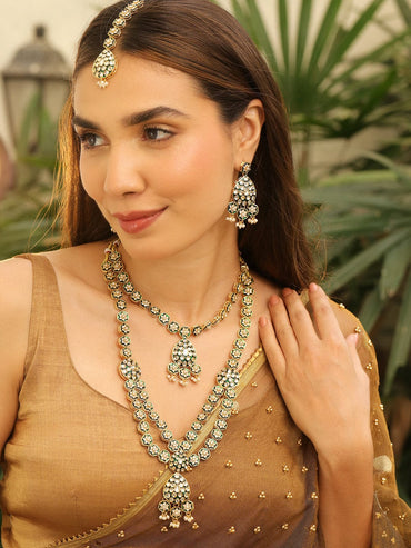 Rubans 22K Gold-Plated Green Enamel Kundan Studded Double-Layered Bridal Necklace Set with Pearl Drops for Bridal Necklace Set