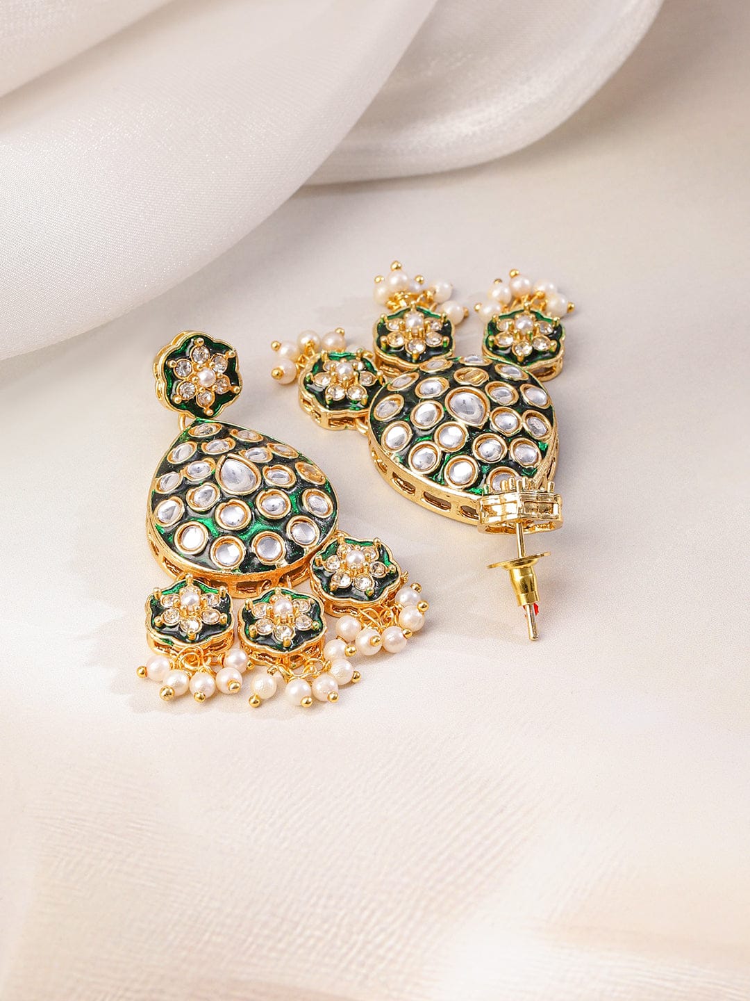 Rubans 22K Gold-Plated Green Enamel Kundan Studded Double-Layered Bridal Necklace Set with Pearl Drops Jewellery Set
