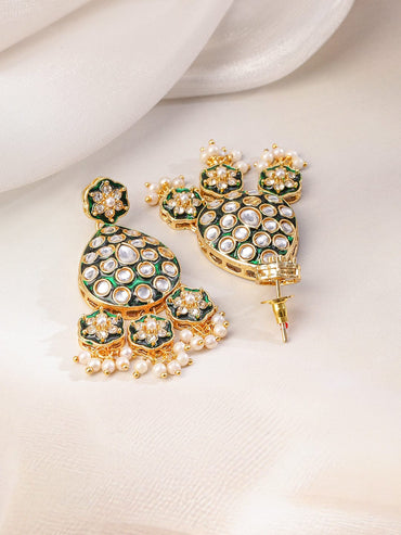 Rubans 22K Gold-Plated Green Enamel Kundan Studded Double-Layered Bridal Necklace Set with Pearl Drops Jewellery Set