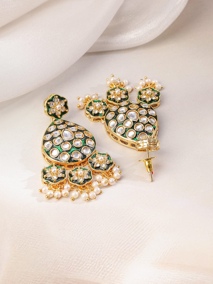 Rubans 22K Gold-Plated Green Enamel Kundan Studded Double-Layered Bridal Necklace Set with Pearl Drops Jewellery Set