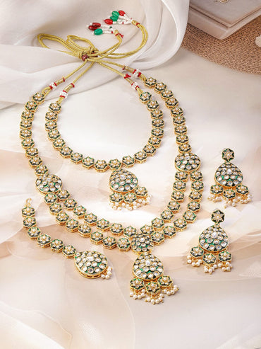 Rubans 22K Gold-Plated Green Enamel Kundan Studded Double-Layered Bridal Necklace Set with Pearl Drops Jewellery Set