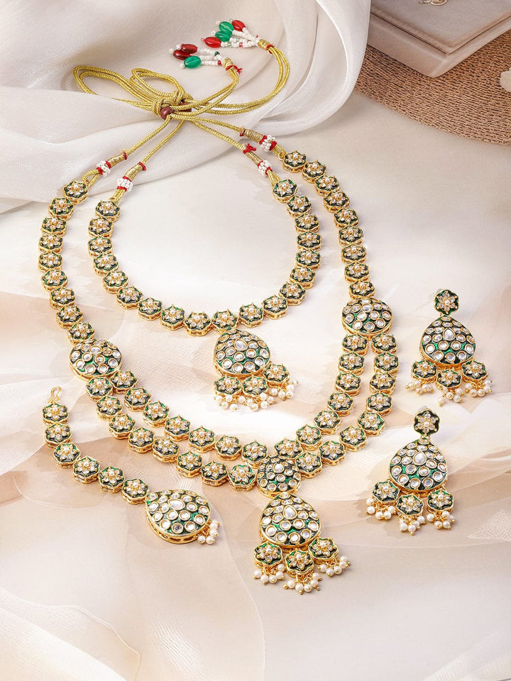 Rubans 22K Gold-Plated Green Enamel Kundan Studded Double-Layered Bridal Necklace Set with Pearl Drops Jewellery Set