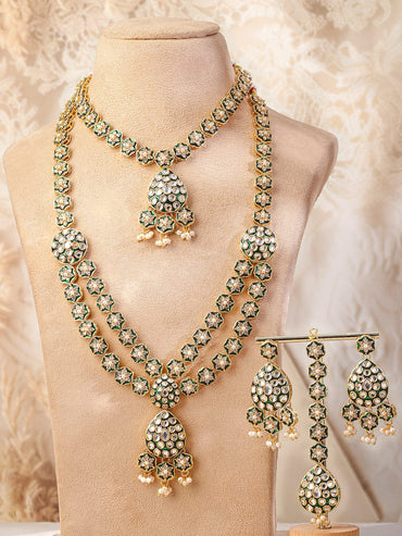 Rubans 22K Gold-Plated Green Enamel Kundan Studded Double-Layered Bridal Necklace Set with Pearl Drops Jewellery Set