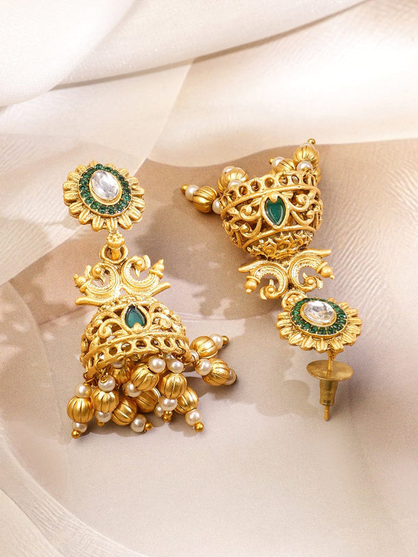 Rubans 22K Gold-Plated Green Enamel Kundan Studded Necklace Set with Golden Pearls Jewellery Set