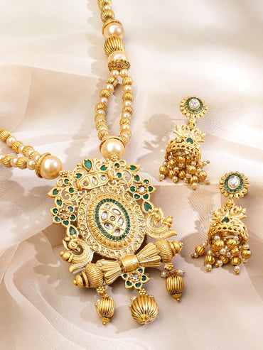 Rubans 22K Gold-Plated Green Enamel Kundan Studded Necklace Set with Golden Pearls Jewellery Set
