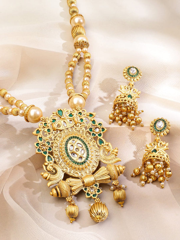 Rubans 22K Gold-Plated Green Enamel Kundan Studded Necklace Set with Golden Pearls Jewellery Set