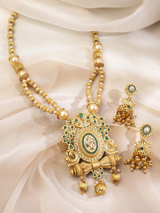 Rubans 22K Gold-Plated Green Enamel Kundan Studded Necklace Set with Golden Pearls Jewellery Set