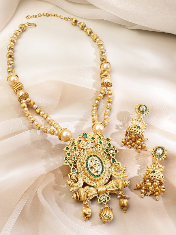Rubans 22K Gold-Plated Green Enamel Kundan Studded Necklace Set with Golden Pearls Jewellery Set