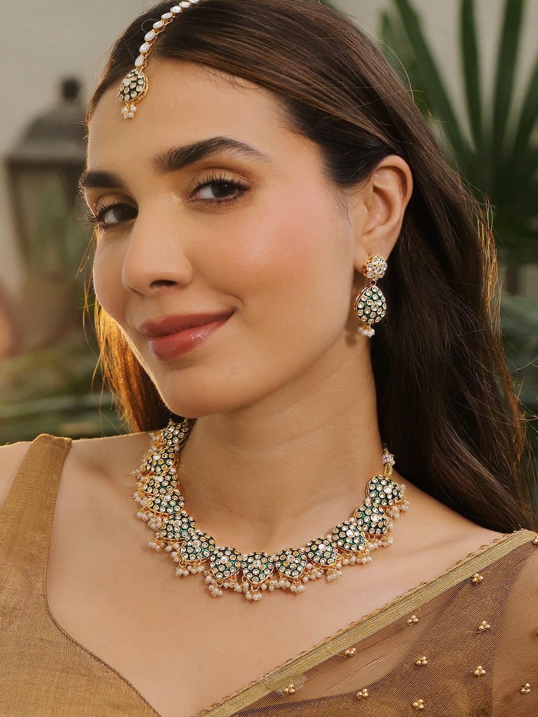 Rubans 22K Gold-Plated Green Enamel Kundan Studded Necklace Set with Pearl Beaded Drops Necklace Set