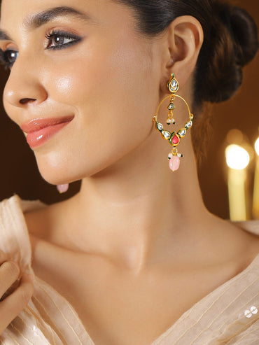 Rubans 22K Gold-Plated Green Enamel Kundan Studded Pastel Pink Beaded Chandbali Earrings Earrings